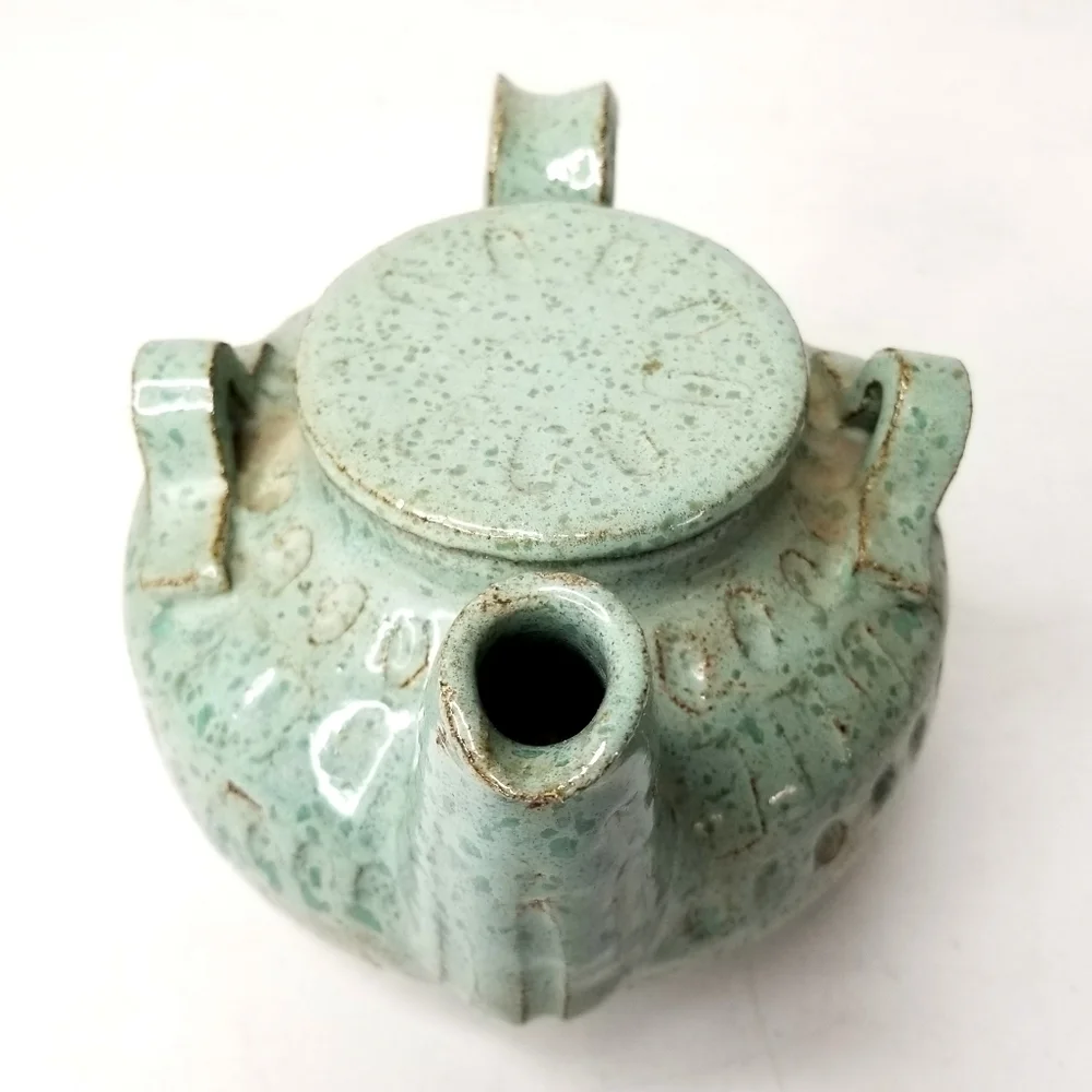 Rare Unique Vintage Art Pottery Green TeaPot , Artist Signed 12/25/75